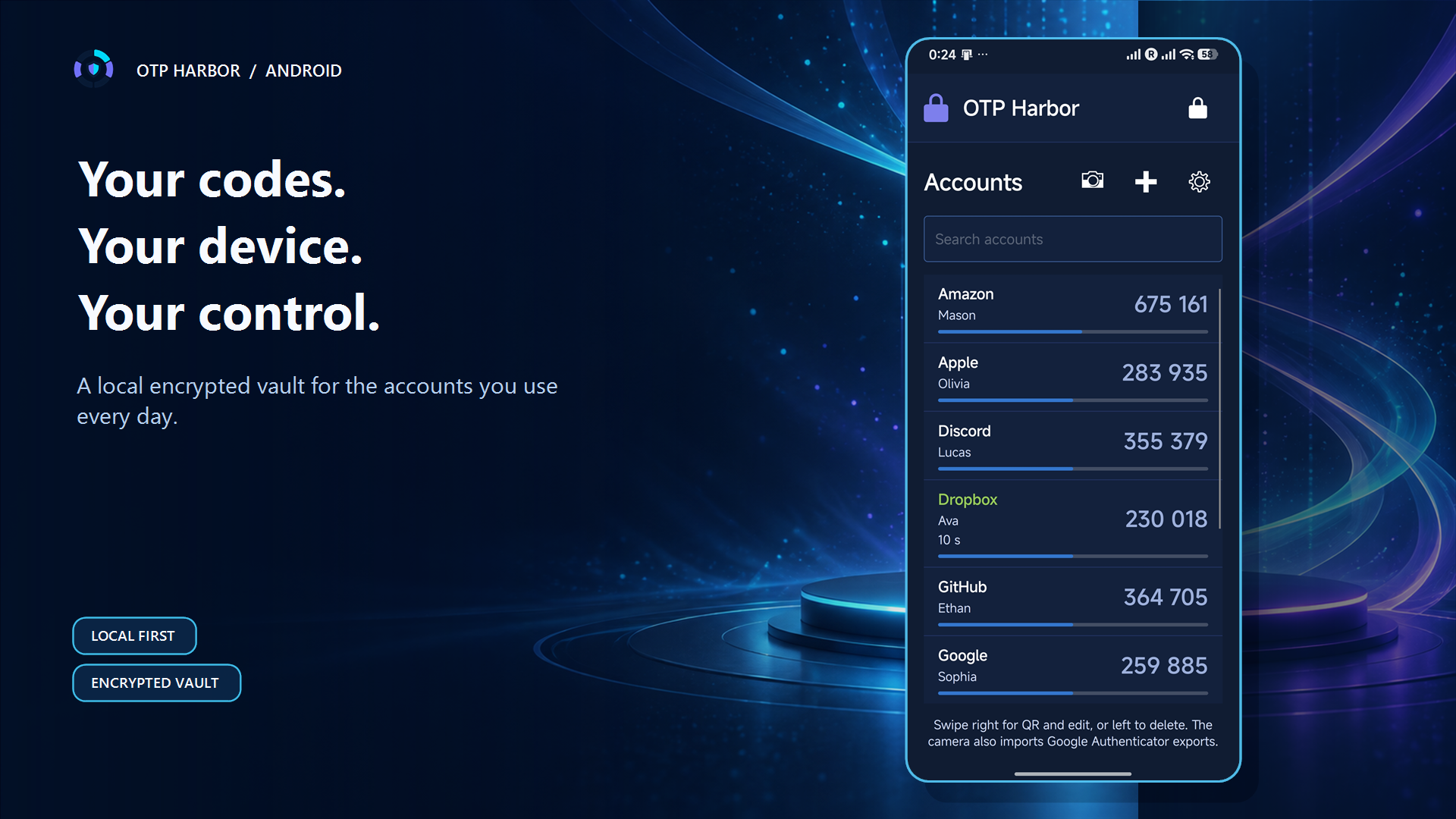 OTP Harbor Android encrypted account vault campaign