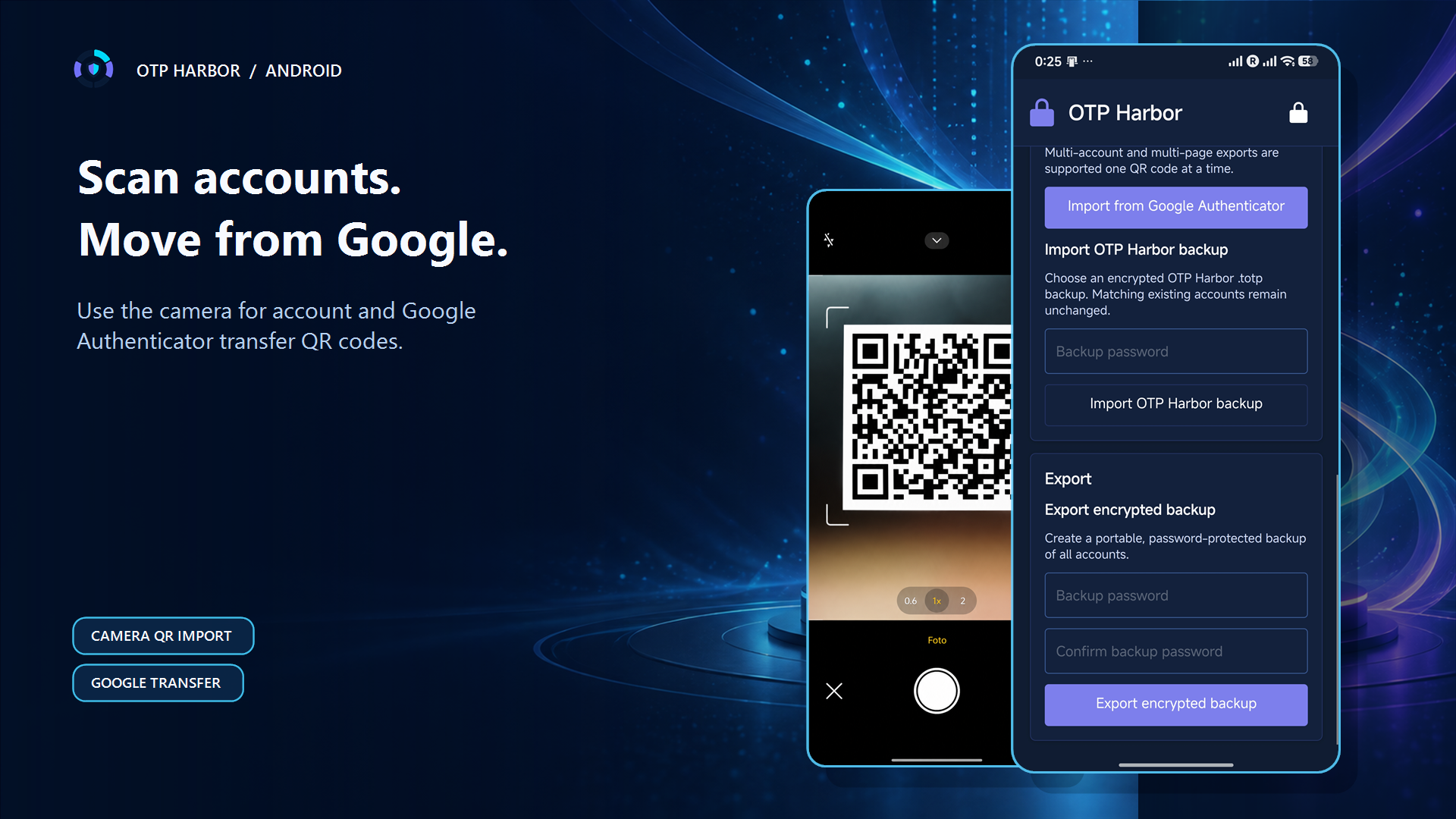 Camera scanning and Google Authenticator transfer import in OTP Harbor
