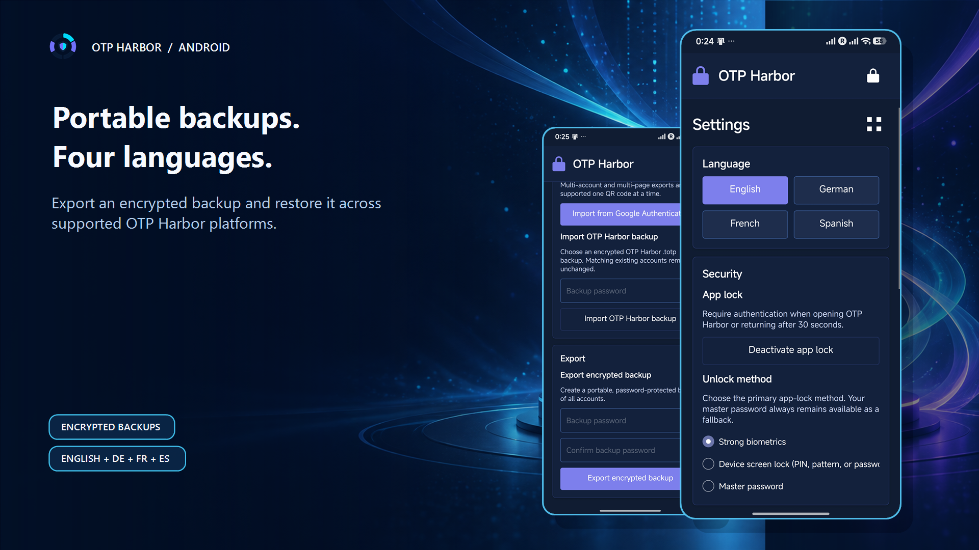OTP Harbor encrypted backups and four supported languages