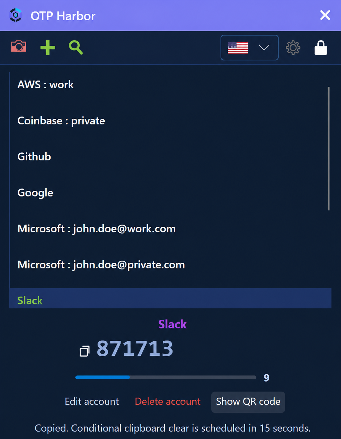 OTP Harbor desktop app showing synthetic sample accounts and a one-time password
